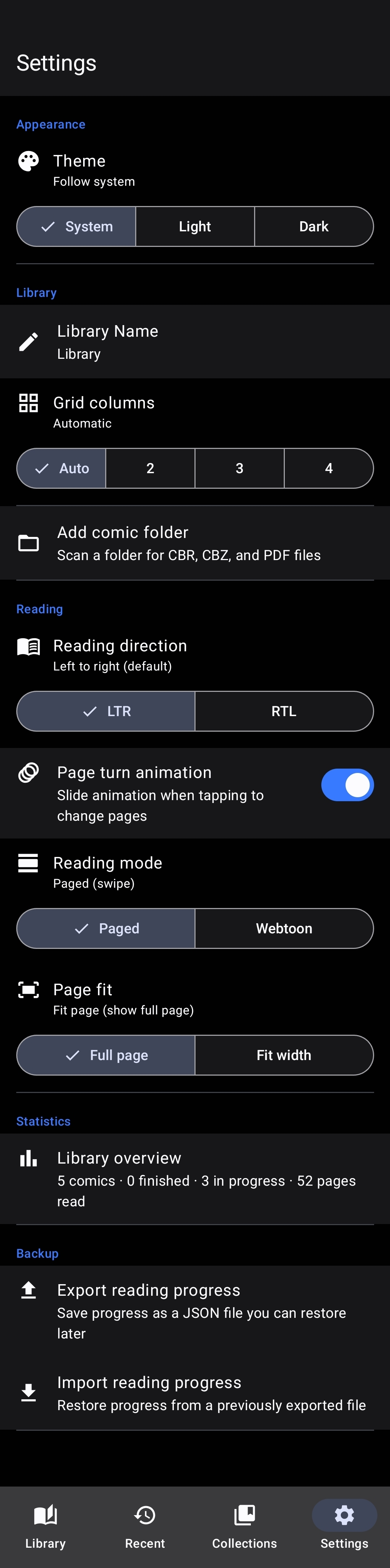 Settings screen